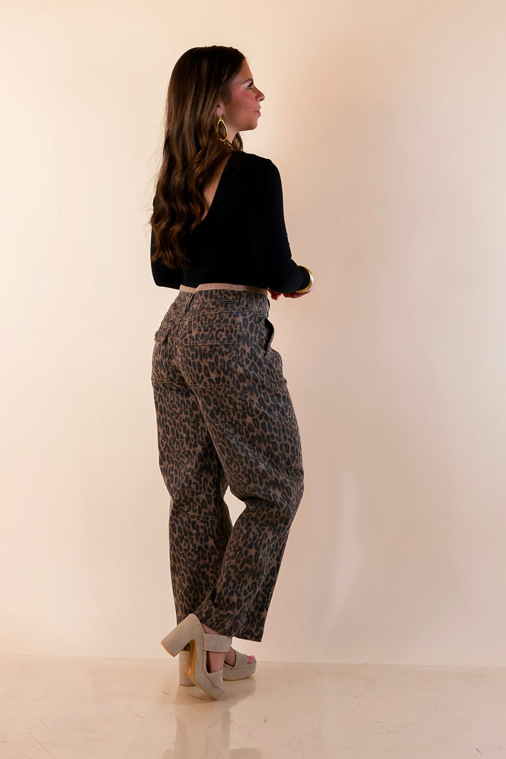 Risen | Wild Card Leopard Print Denim Barrel Jeans in Brown