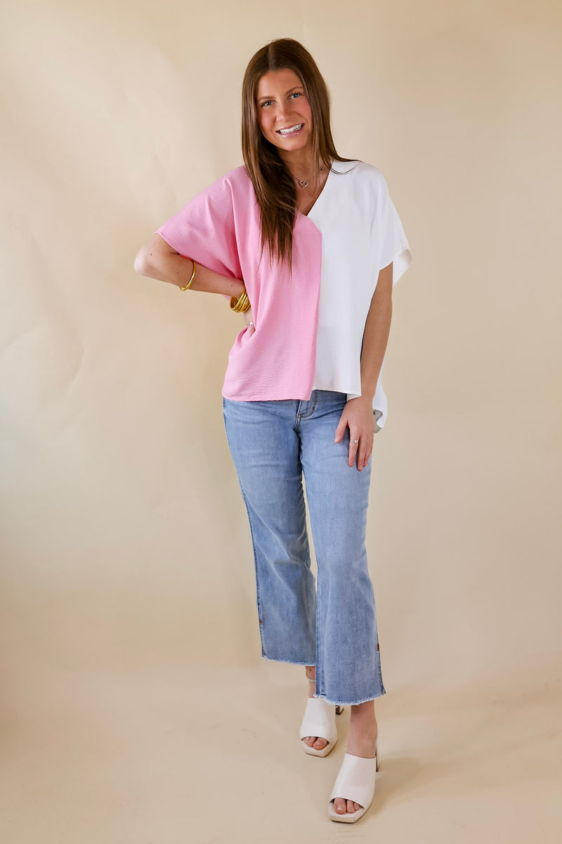 Weekend Out V Neck Placket Color Block Short Sleeve Top in Ivory and Pink