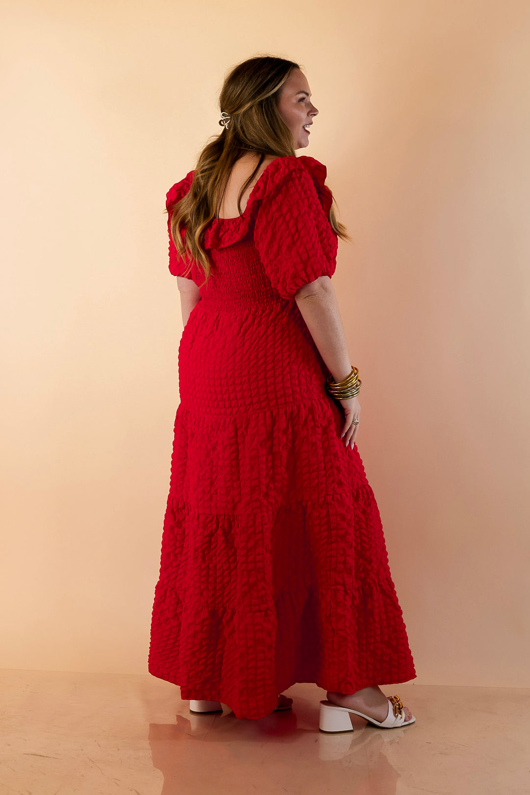 Simply Southern | Radiant Moment Textured Smocked Bodice Tiered Maxi Dress with Puff Sleeves in Red