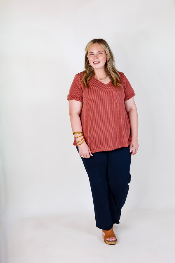 Only True Love Ribbed Short Sleeve Top with Front Pocket in Rust Red