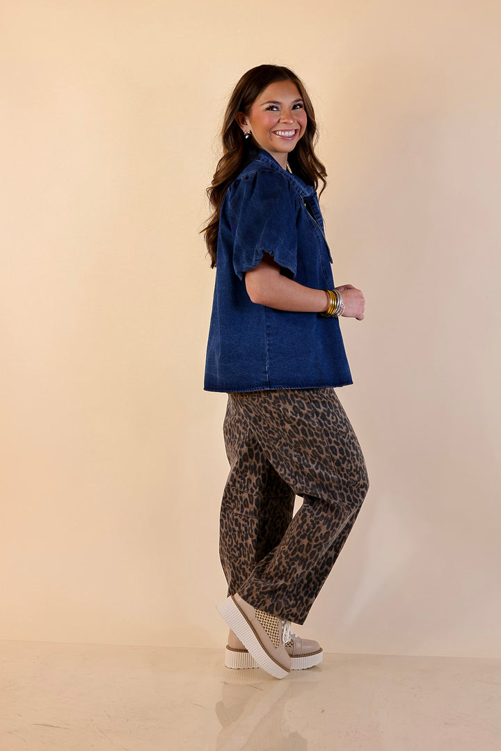 Tie the Moment Denim Pearl Snap Button Front Top with Statement Tie Neckline and Puff Sleeves in Medium Wash