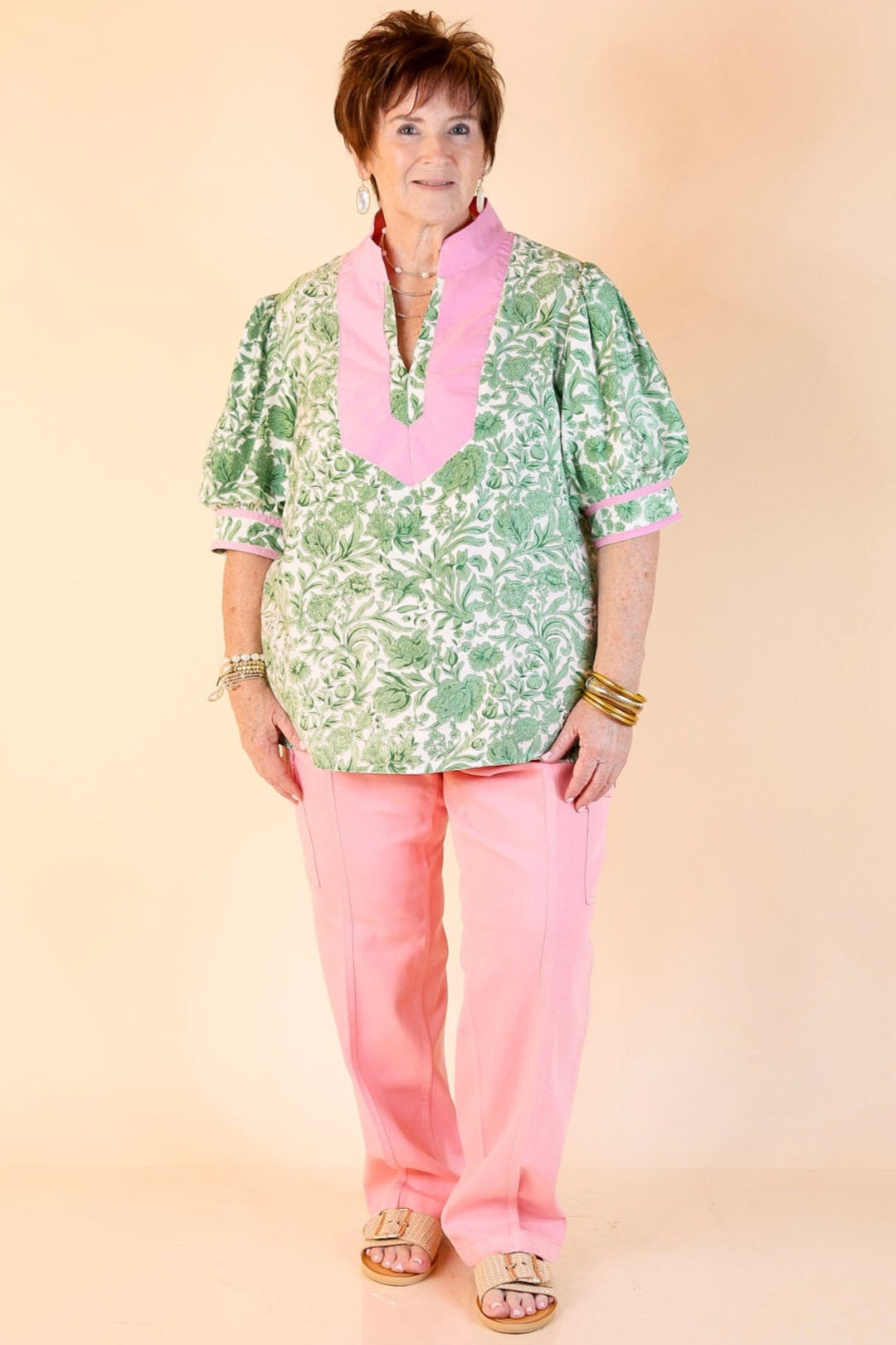 Blush and Bloom Floral Print Top with Short Puff Sleeves in Green