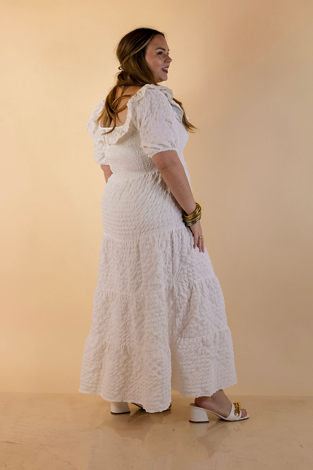 Simply Southern | Radiant Moment Textured Smocked Bodice Tiered Maxi Dress with Puff Sleeves in White