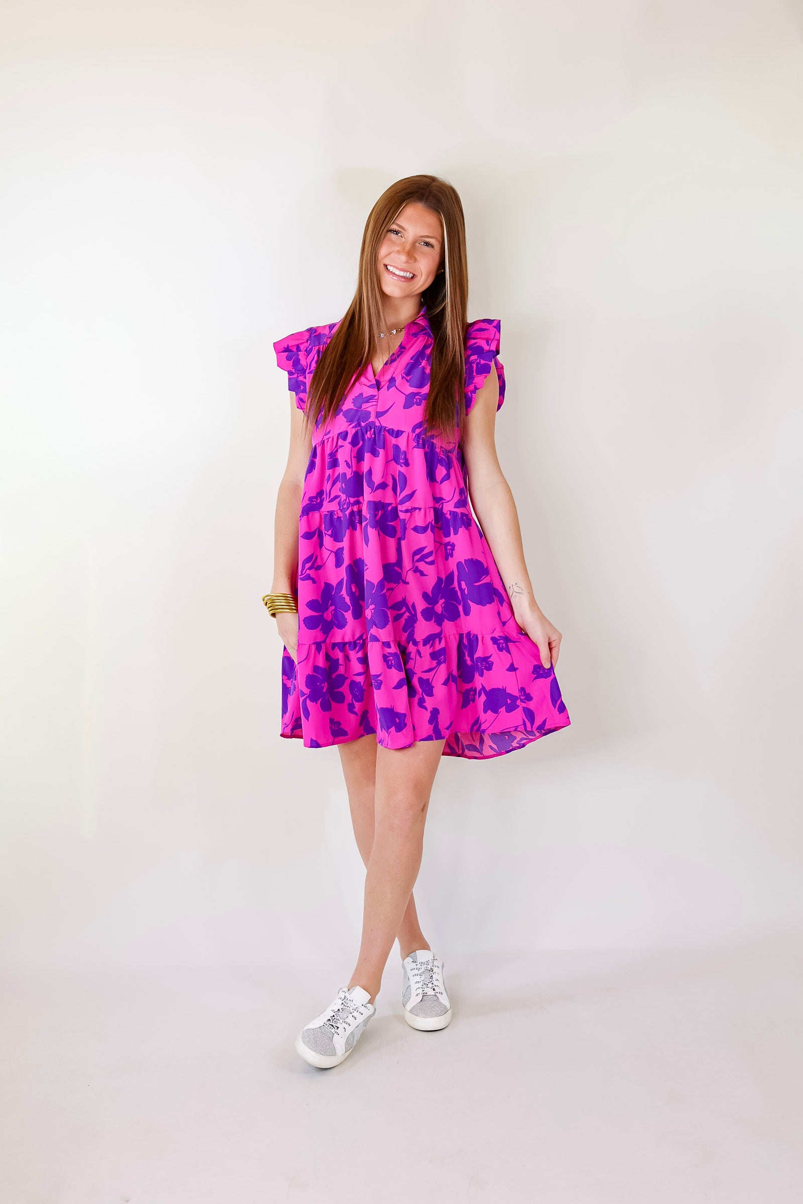 All Of A Sudden Ruffle Cap Sleeve Floral Short Dress in Magenta Mix - Giddy Up Glamour Boutique