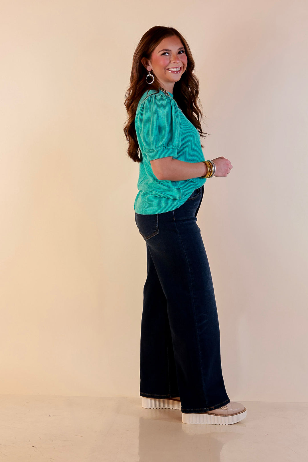 Sweet Sophistication Puff Short Sleeve Ribbed Top with Scoop Neck in Turquoise Blue
