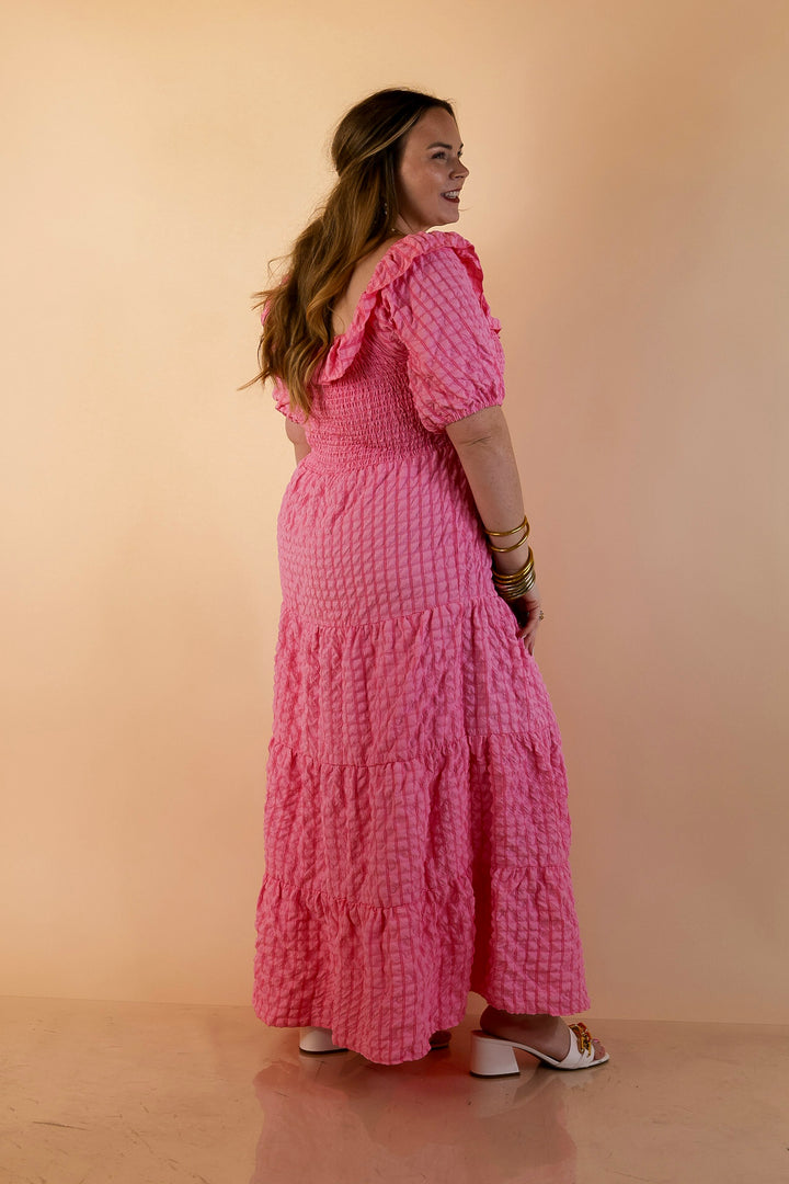 Simply Southern | Radiant Moment Textured Smocked Bodice Tiered Maxi Dress with Puff Sleeves in Pink