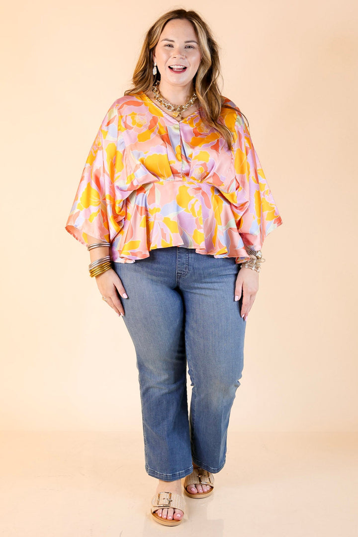 Hear the Music Drop Sleeve Satin Mosaic Print V Neck Peplum Top in Coral Pink Mix
