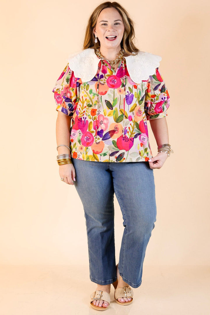 Lovely Look Multicolor Floral Print Top with White Peter Pan Collar