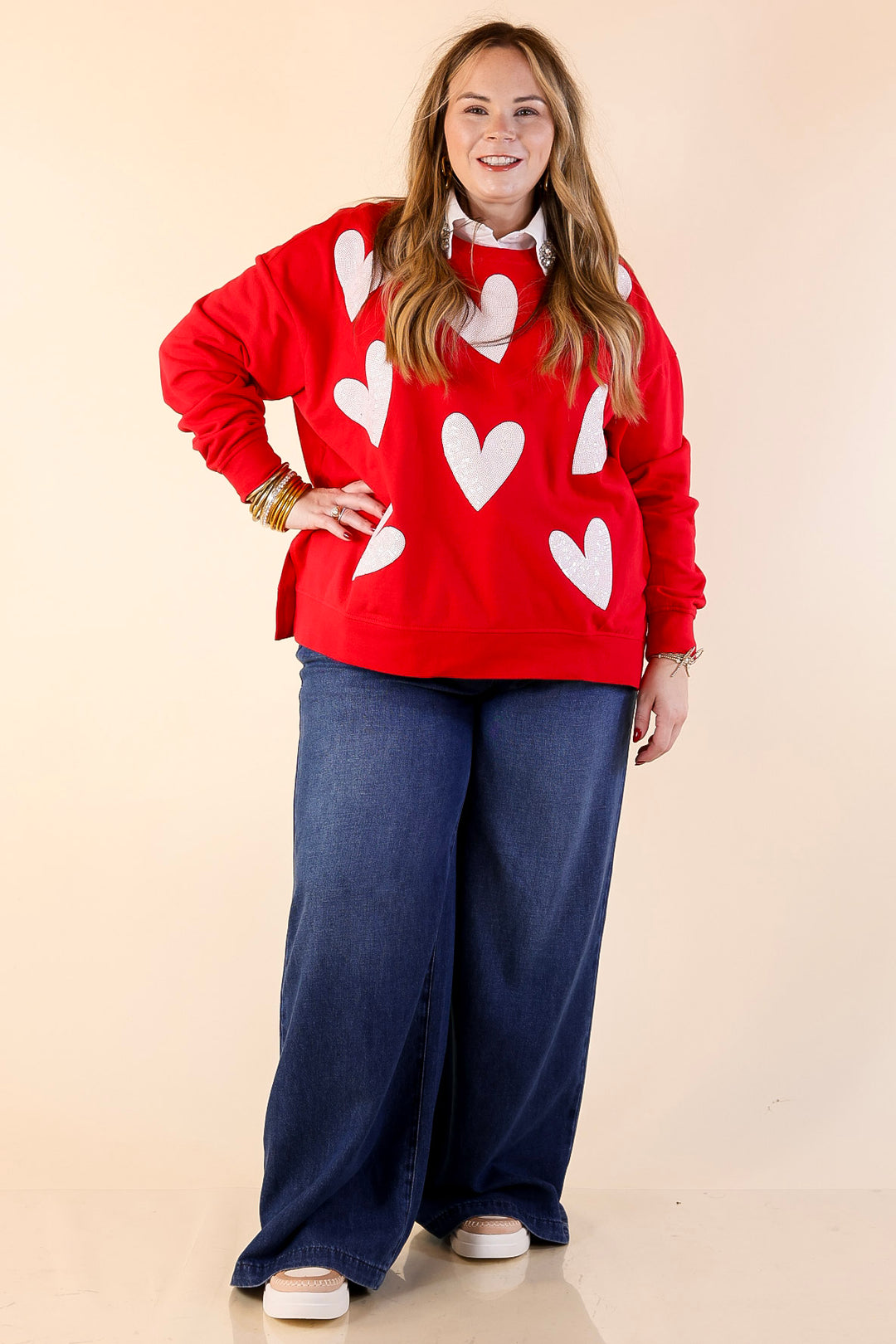 Mud Pie | Heart on My Sleeve Oversized Sequin Hearts Graphic Sweatshirt in Red