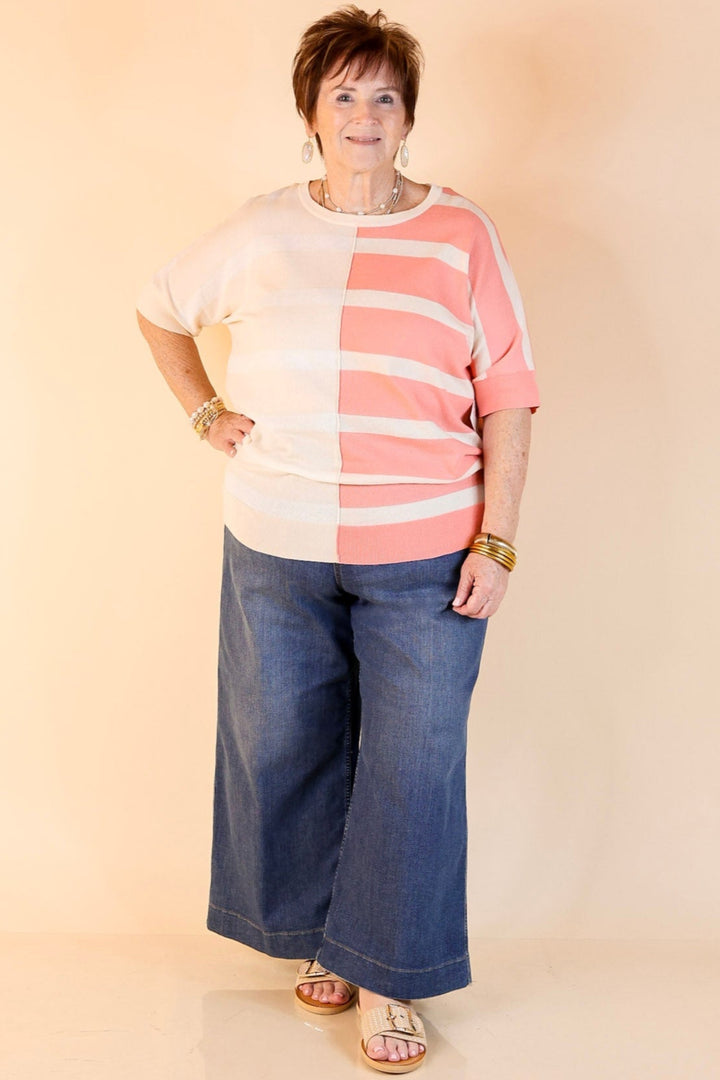 Urban Chic Color Block Striped Knit Top in Cream and Coral