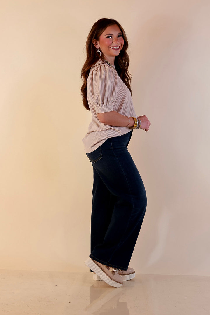 Sweet Sophistication Puff Short Sleeve Ribbed Top with Scoop Neck in Beige