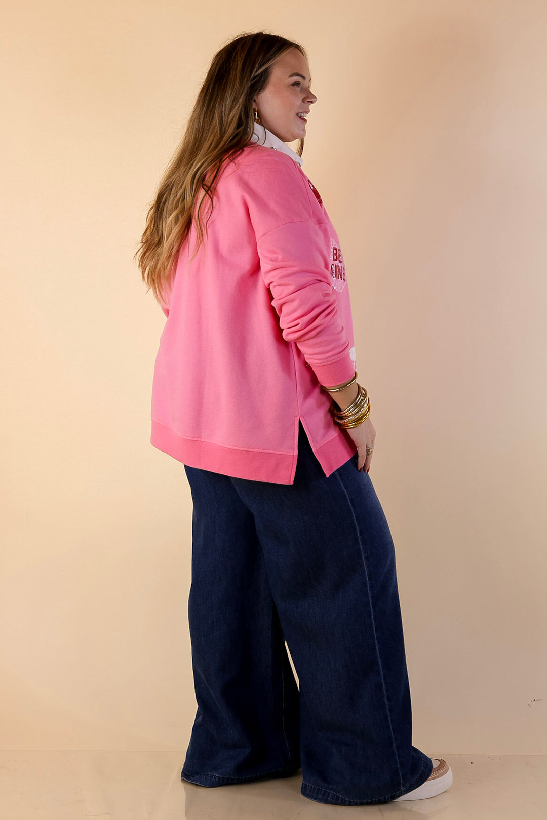 Mud Pie | Sweet on Repeat Oversized Sequin Conversation Hearts Graphic Sweatshirt in Pink