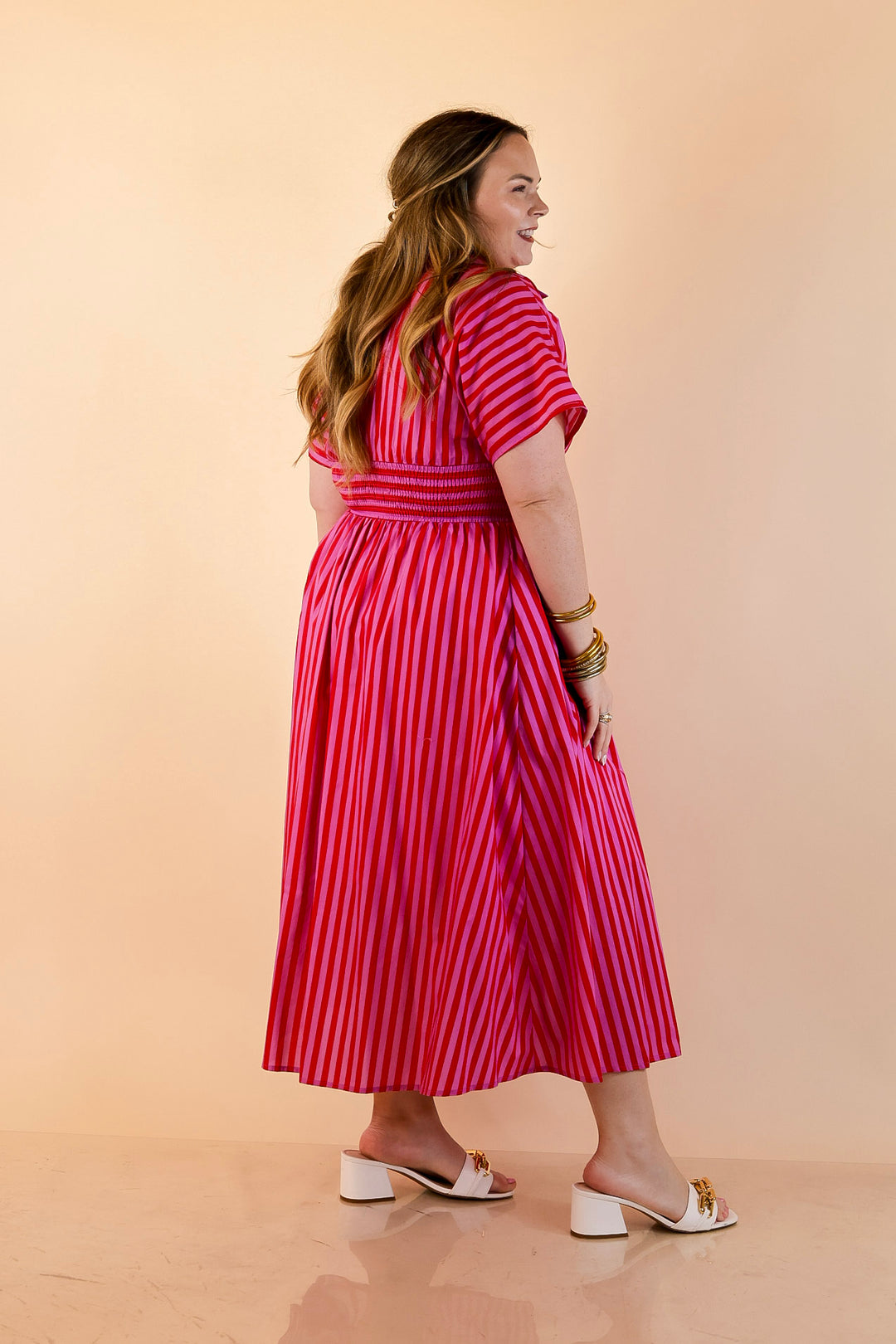Modern Charm Zip Front Midi Striped Print Dress with Smocked Waist and Short Sleeves in Pink and Red