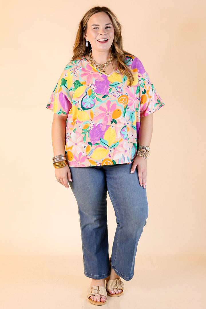 Majestic Moment V Neck Fruit Print Poncho Top in Blush Pink