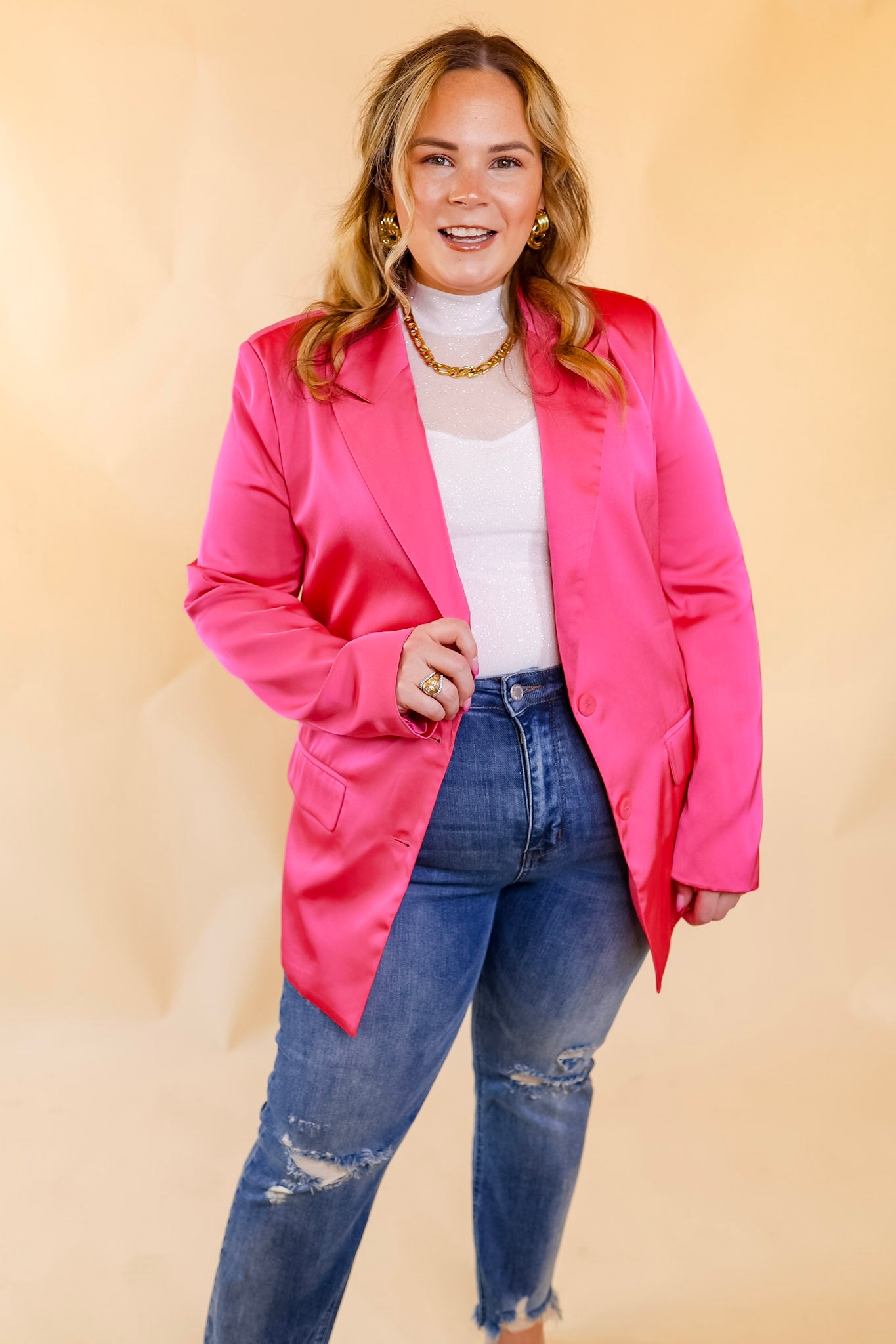 Touch Of Luxury Long Sleeve Satin Blazer in Hot Pink - Giddy Up Glamour Boutique