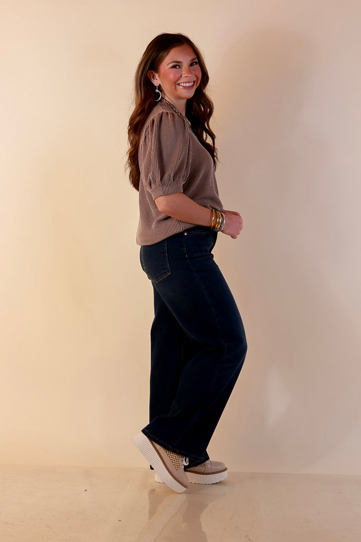 Sweet Sophistication Puff Short Sleeve Ribbed Top with Scoop Neck in Mocha Brown