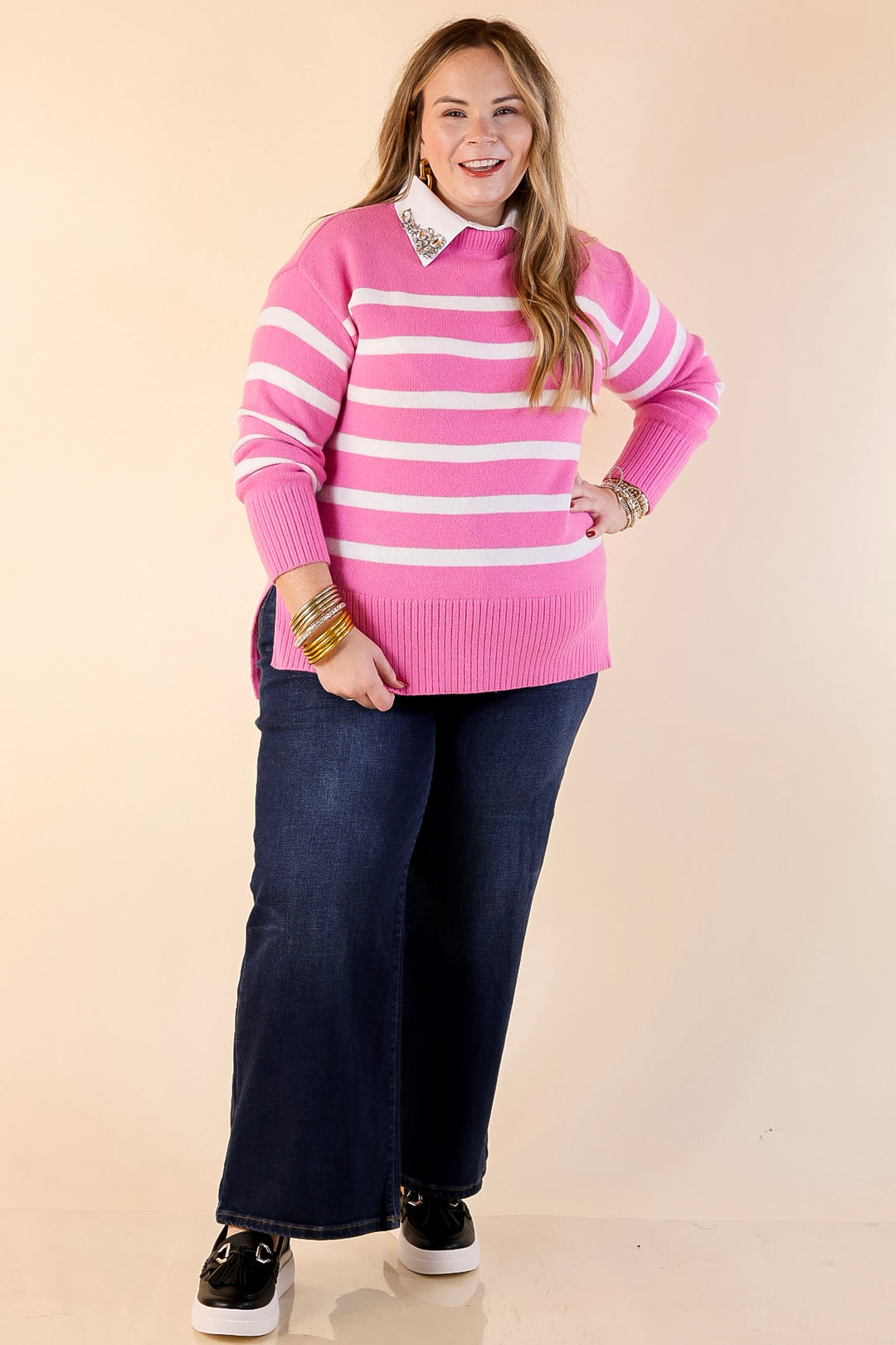 Chilly Day Charm Mock Neck Long Sleeve High-Low Striped Sweater in Pink with Ivory Stripes