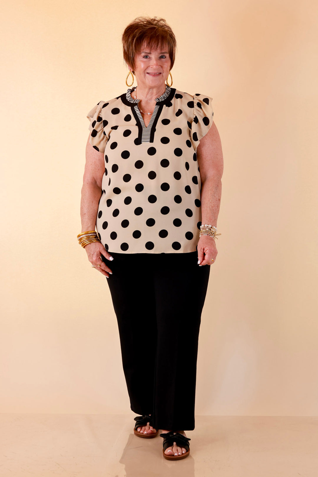In Good Company Large Polka Dot Blouse with Ruffle Sleeves and Contrast Trim and Collar in Cream with Black Dots