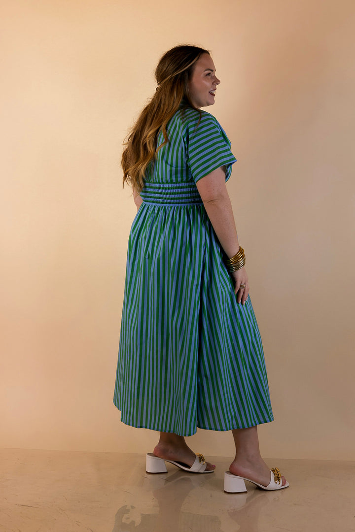 Modern Charm Zip Front Midi Striped Print Dress with Smocked Waist and Short Sleeves in Green and Blue
