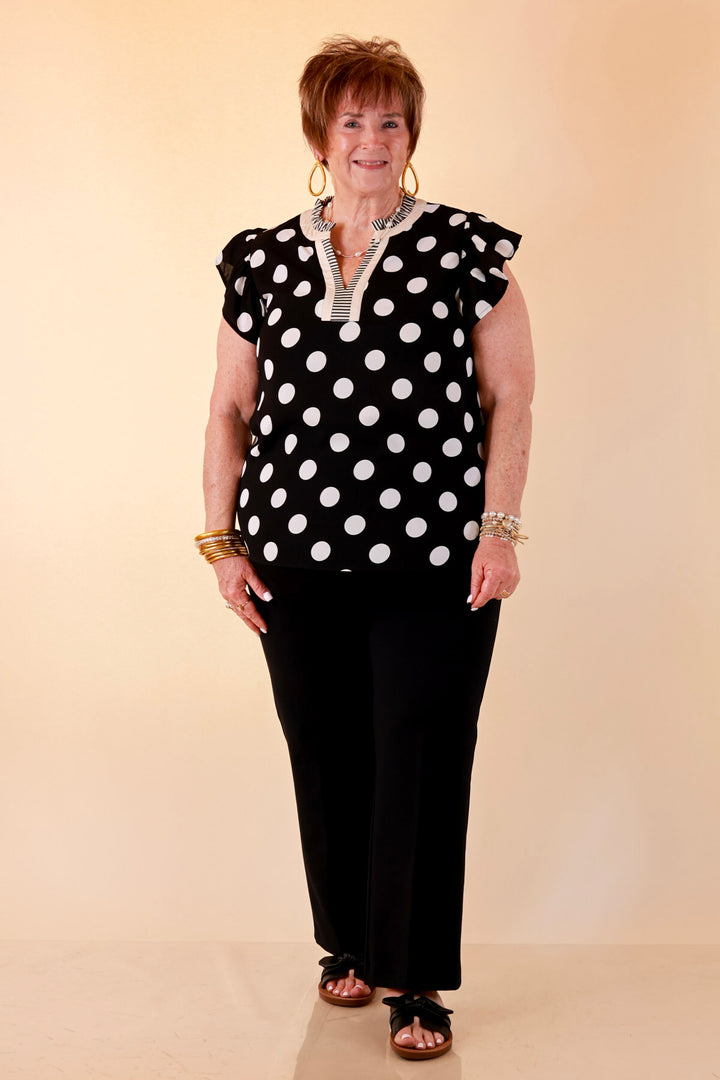 In Good Company Large Polka Dot Blouse with Ruffle Sleeves and Contrast Trim and Collar in Black with Cream Dots