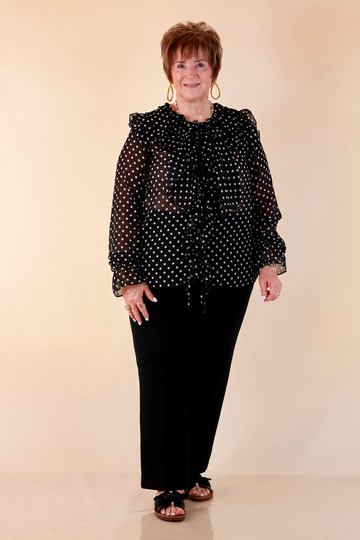 Finer Things Long Sleeve Sheer Ruffle Polka Dot Print Blouse with Balloon Sleeves in Black with White Dots