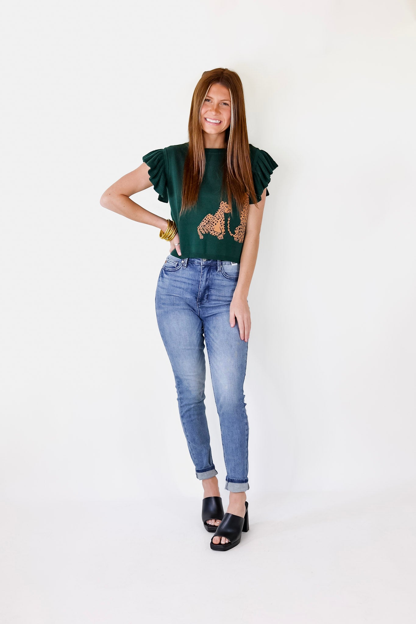 Talk This Way Cheetah Print Sweater Top with Ruffle Cap Sleeves in Hunter Green - Giddy Up Glamour Boutique