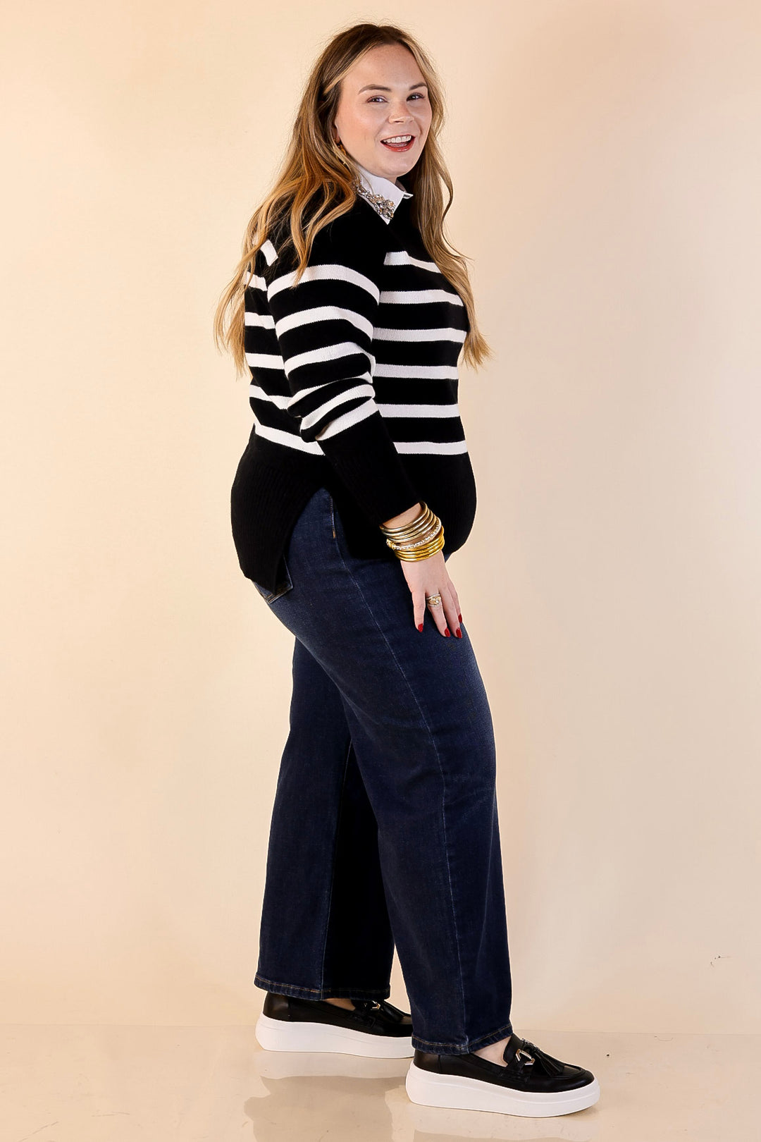 Chilly Day Charm Mock Neck Long Sleeve High-Low Striped Sweater in Black with Ivory Stripes