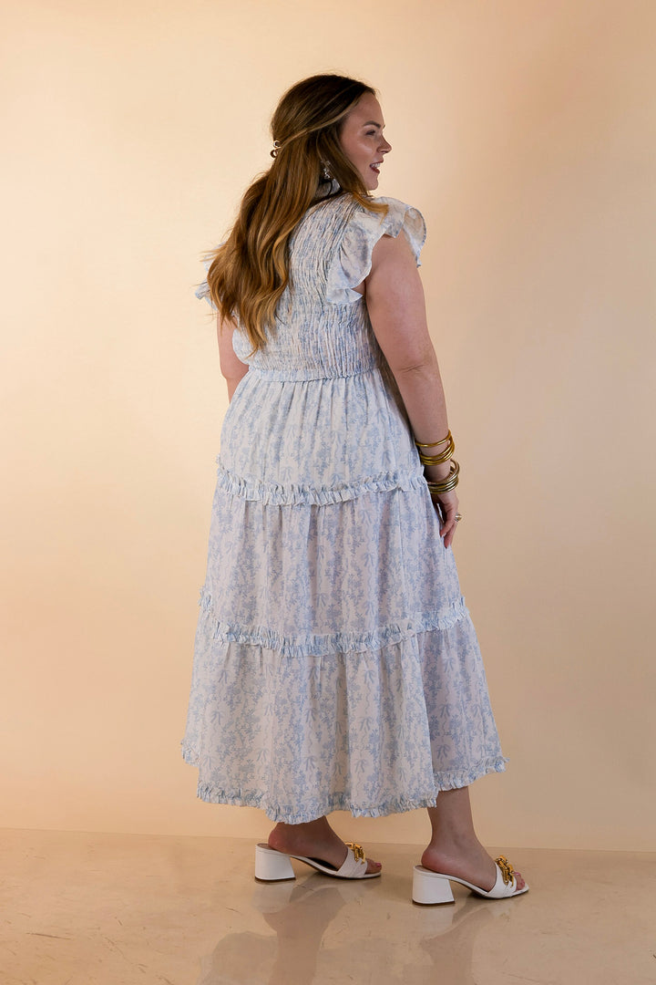 Mud Pie | Graceful Charm Smocked Toile Print Tiered Midi Dress with Ruffle Sleeves in Blue and White
