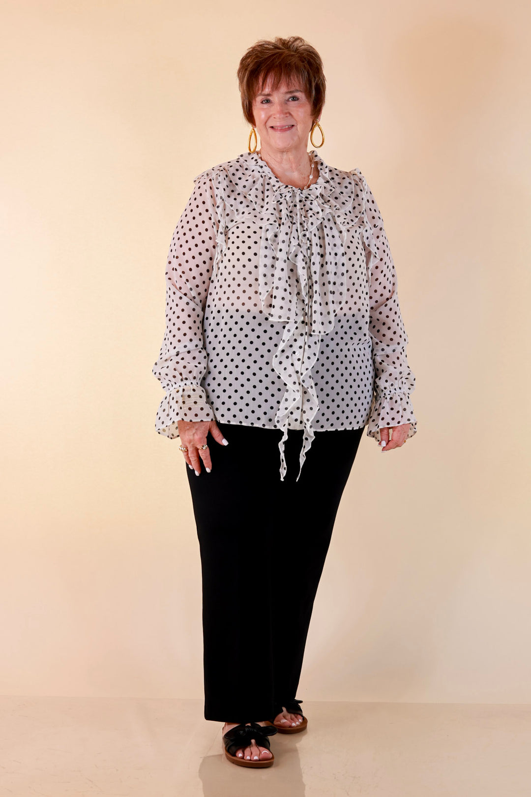 Finer Things Long Sleeve Sheer Ruffle Polka Dot Print Blouse with Balloon Sleeves in White with Black Dots