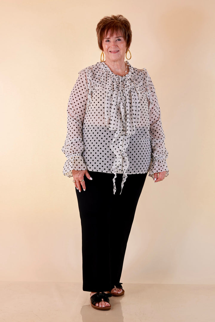 Finer Things Long Sleeve Sheer Ruffle Polka Dot Print Blouse with Balloon Sleeves in White with Black Dots