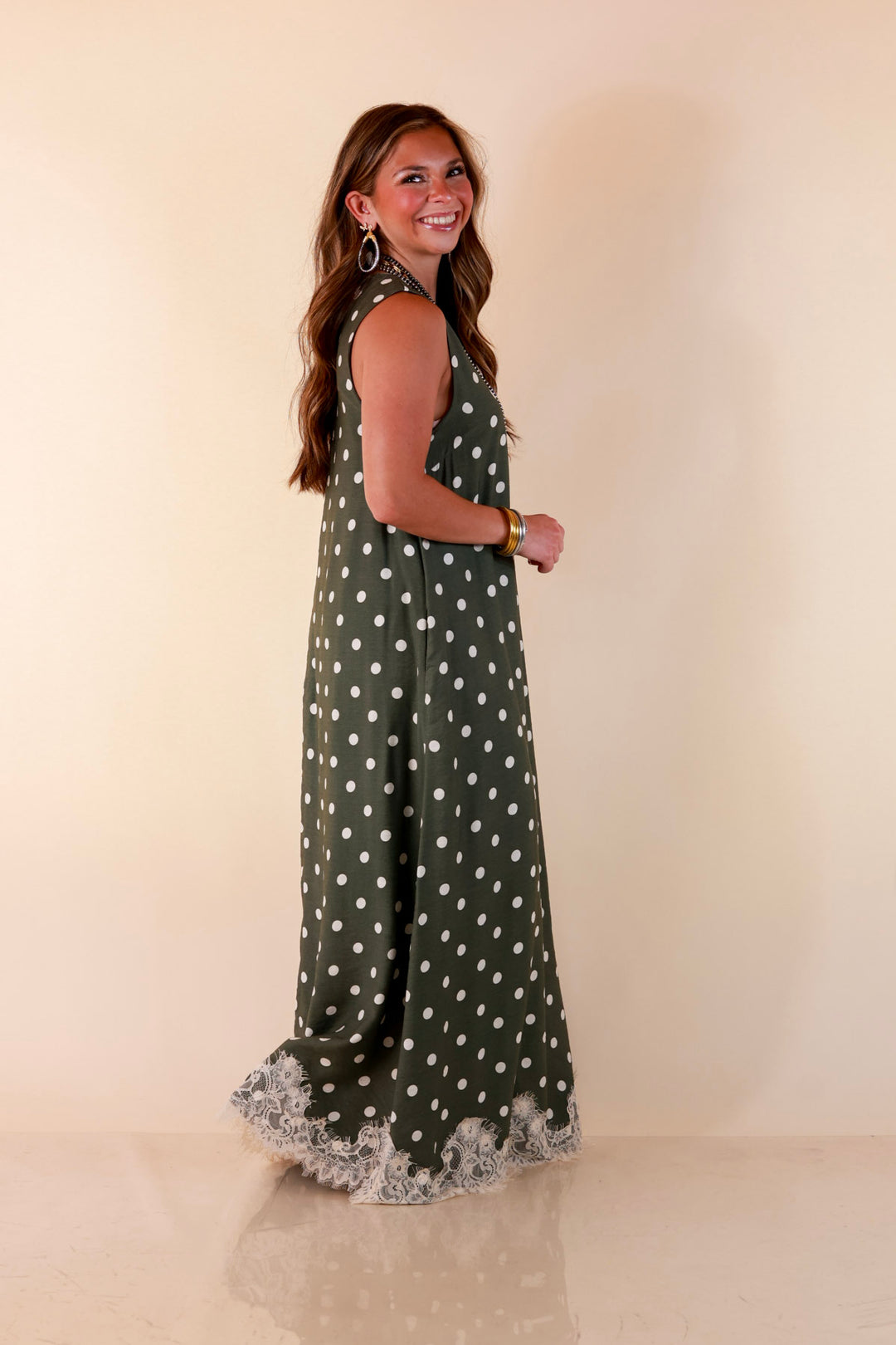 Sweet Little Something Polka Dot Sleeveless Maxi Dress with Lace Trim in Olive Green