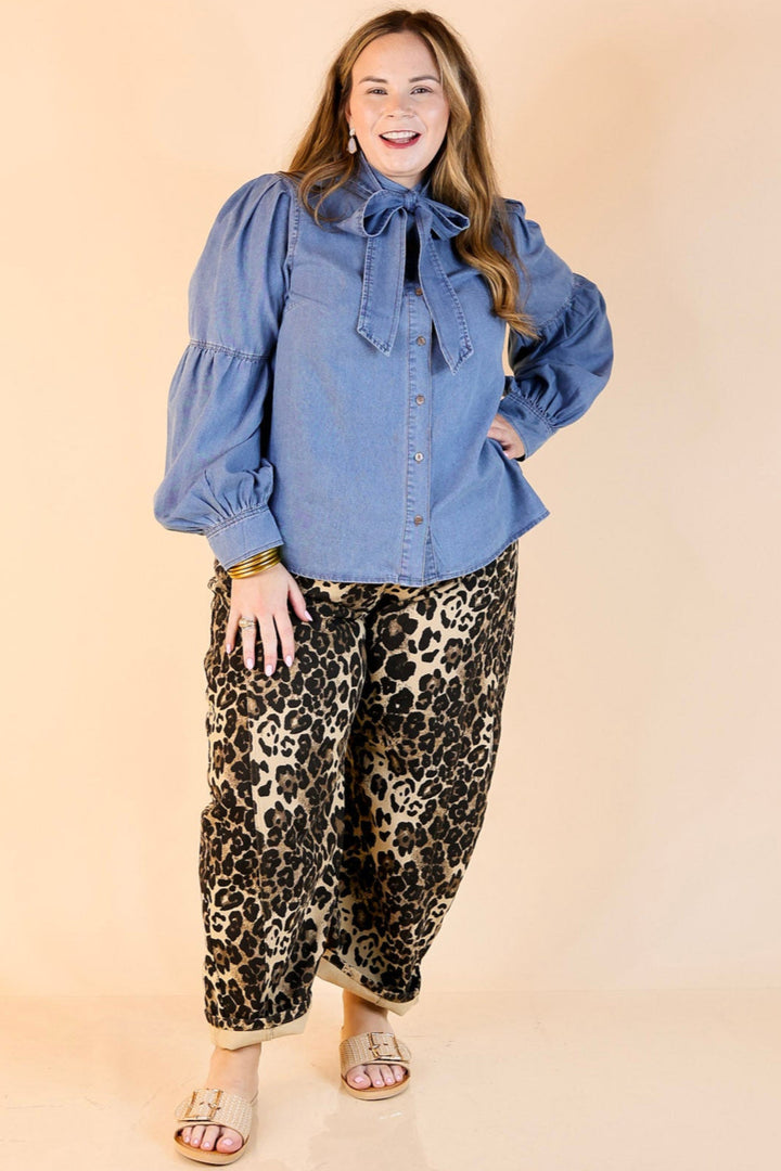 Steal the Show Denim Long Sleeve Button Up Top with Detachable Bow Tie