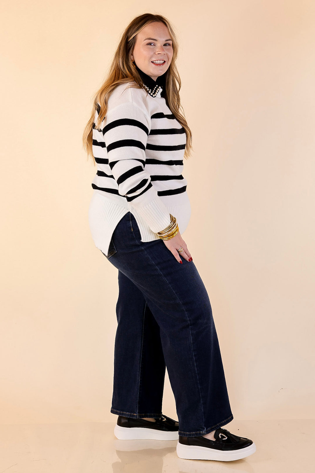 Chilly Day Charm Mock Neck Long Sleeve High-Low Striped Sweater in Ivory with Black Stripes