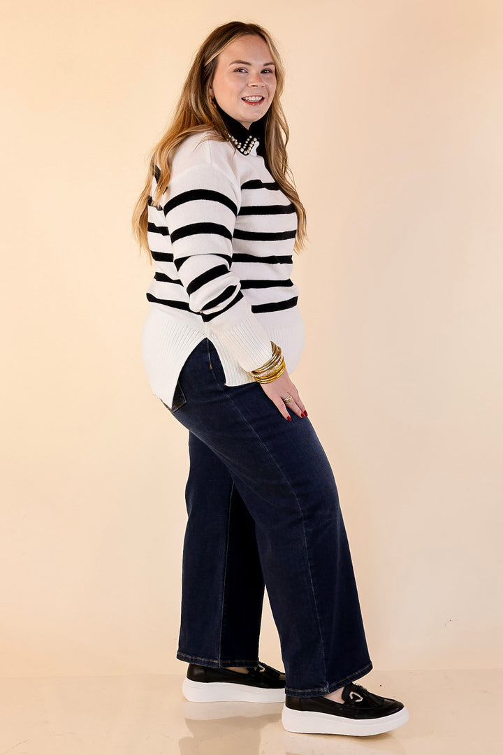 Chilly Day Charm Mock Neck Long Sleeve High-Low Striped Sweater in Ivory with Black Stripes