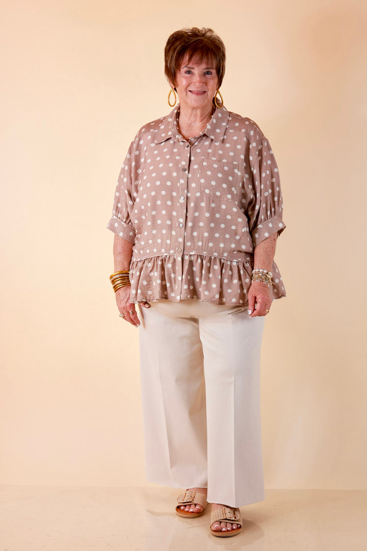 Style Agenda Button Down Peplum Top with Polka Dot Print in Taupe and White