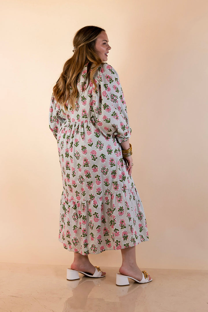 Mud Pie | Lovely Impression Cotton Poplin Floral Midi Dress with Ruffle Collar and Puff Sleeves in Sage Multi