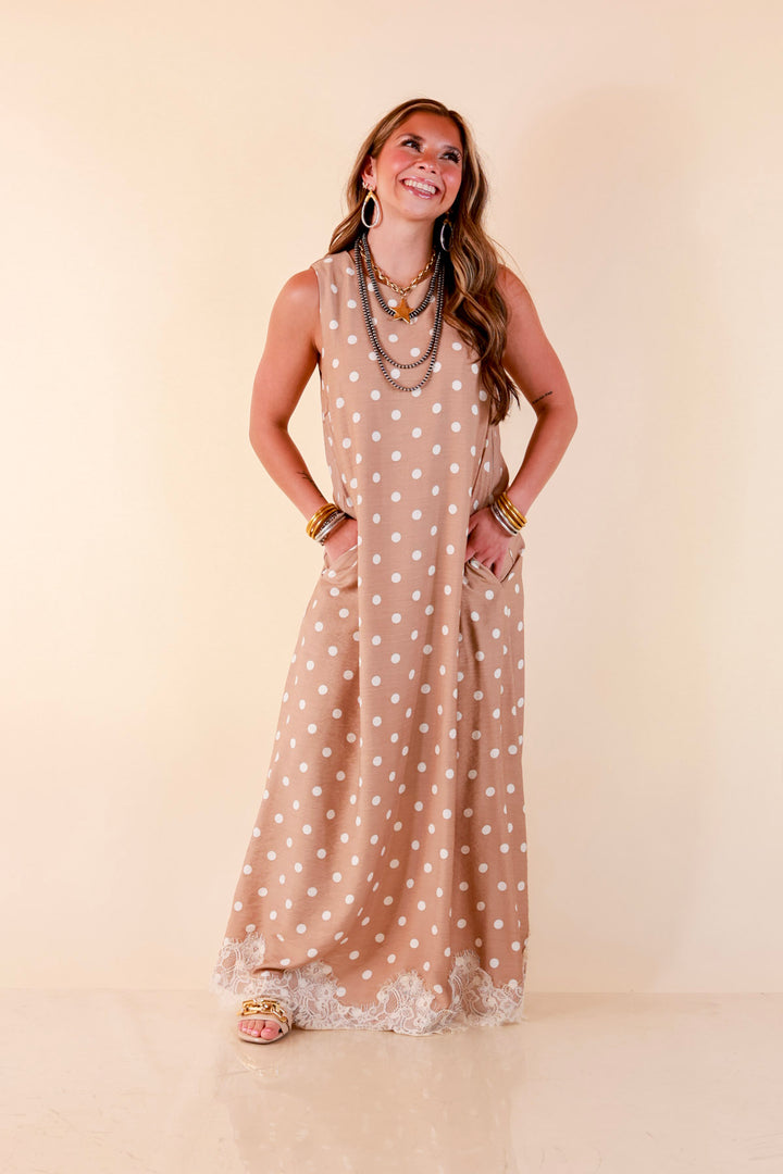 Sweet Little Something Polka Dot Sleeveless Maxi Dress with Lace Trim in Tan