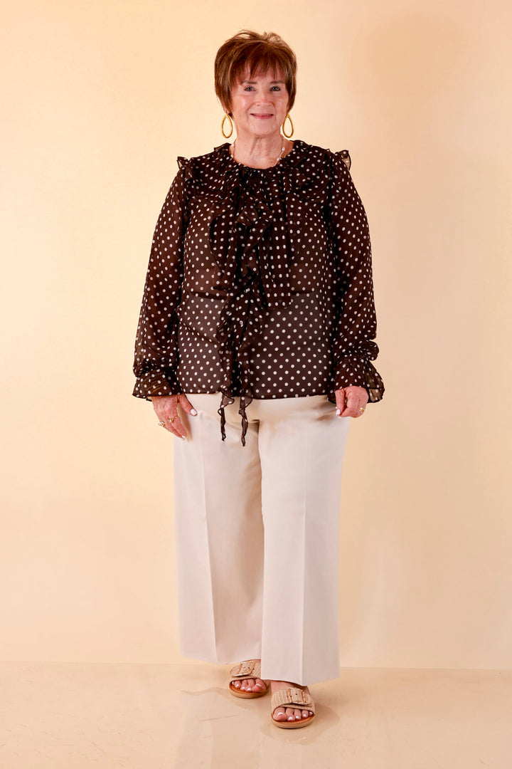 Finer Things Long Sleeve Sheer Ruffle Polka Dot Print Blouse with Balloon Sleeves in Chocolate Brown with White Dots
