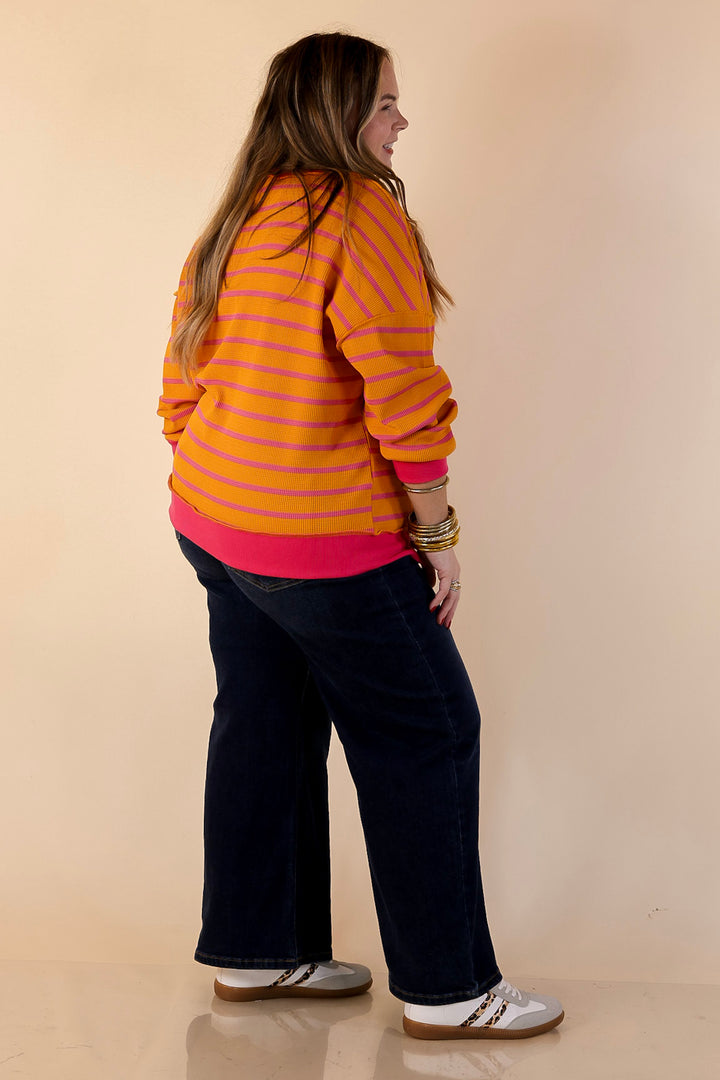 Casual Edge Long Sleeve Striped Henley Knit Top with Dropped Shoulders in Orange with Pink Stripes