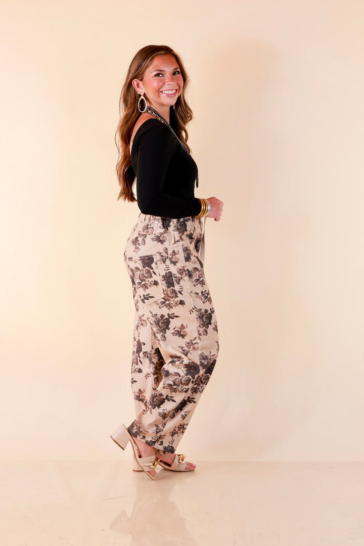 Just My Type Floral Print Wide Leg Barrel Jeans with Drawstring Waist in Beige