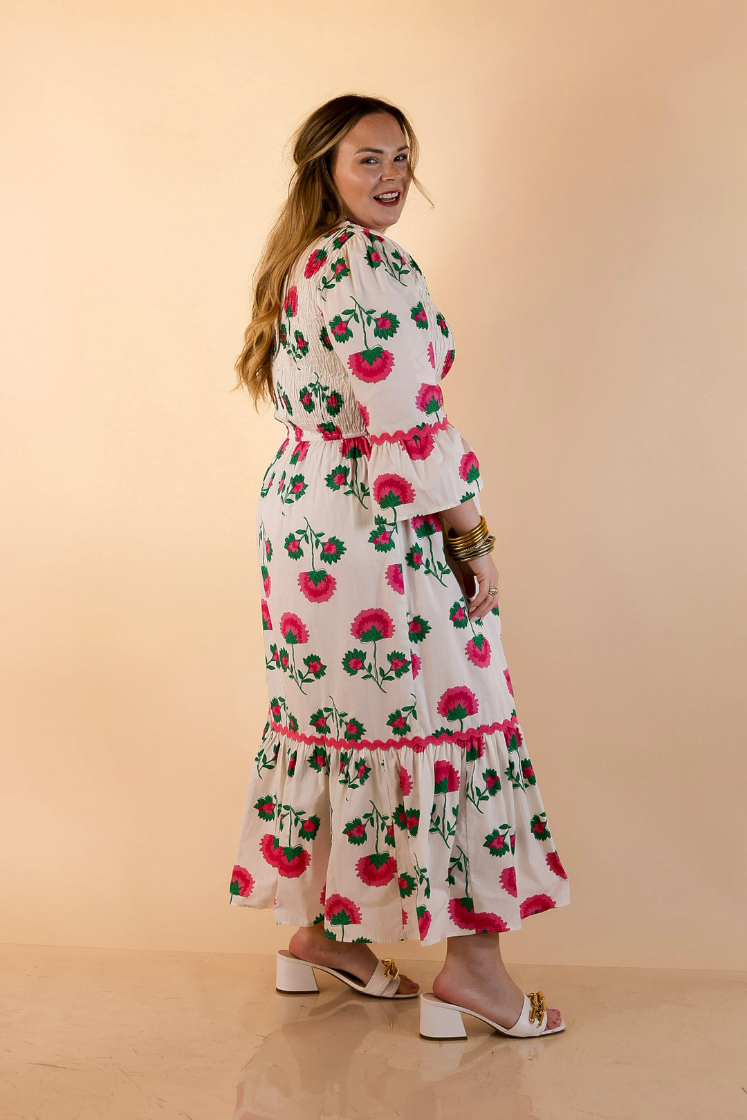 Mud Pie | Petal Parade Smocked Floral Print Tiered Midi Dress with Scallop Trim in Cream Multi