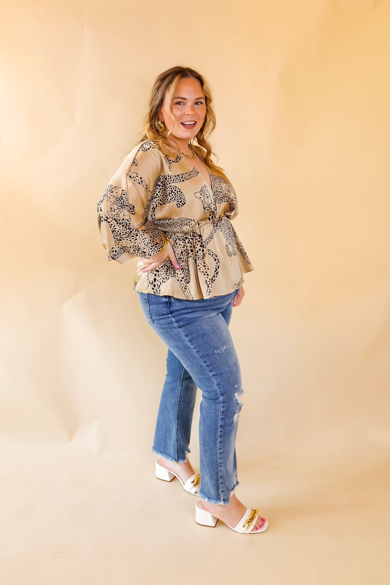 Central Ave Sweetness Leopard Print Peplum Top in Tan - Giddy Up Glamour Boutique