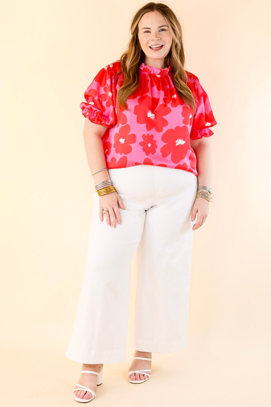 Divine Design Floral Blouse With Puffed Sleeve and Ruffle Neckline in Pink