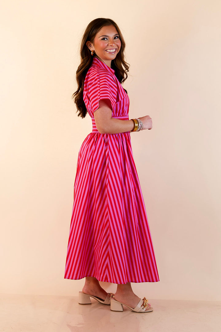 Modern Charm Zip Front Midi Striped Print Dress with Smocked Waist and Short Sleeves in Pink and Red
