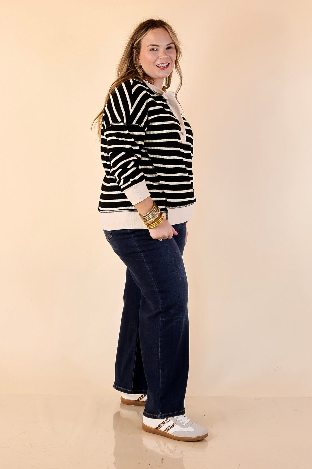 Casual Edge Long Sleeve Striped Henley Knit Top with Dropped Shoulders in Black with Ivory Stripes