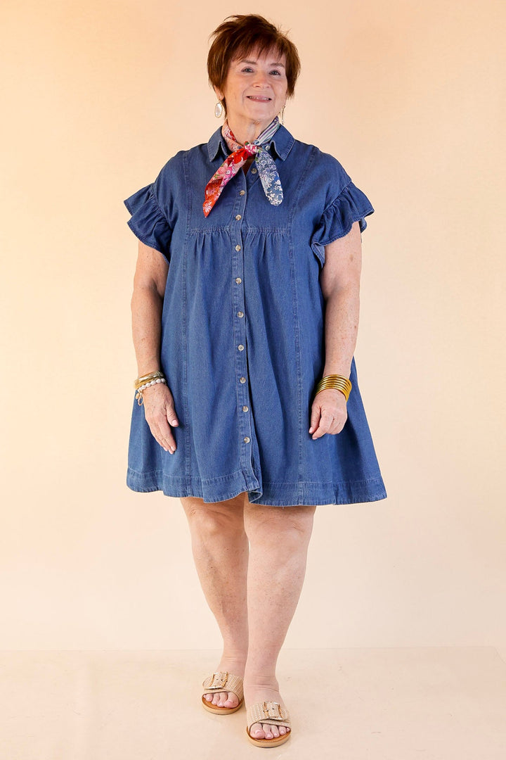 Denim Darling A-Line Button-Up Dress With Ruffle Sleeves and Collar in Classic Blue