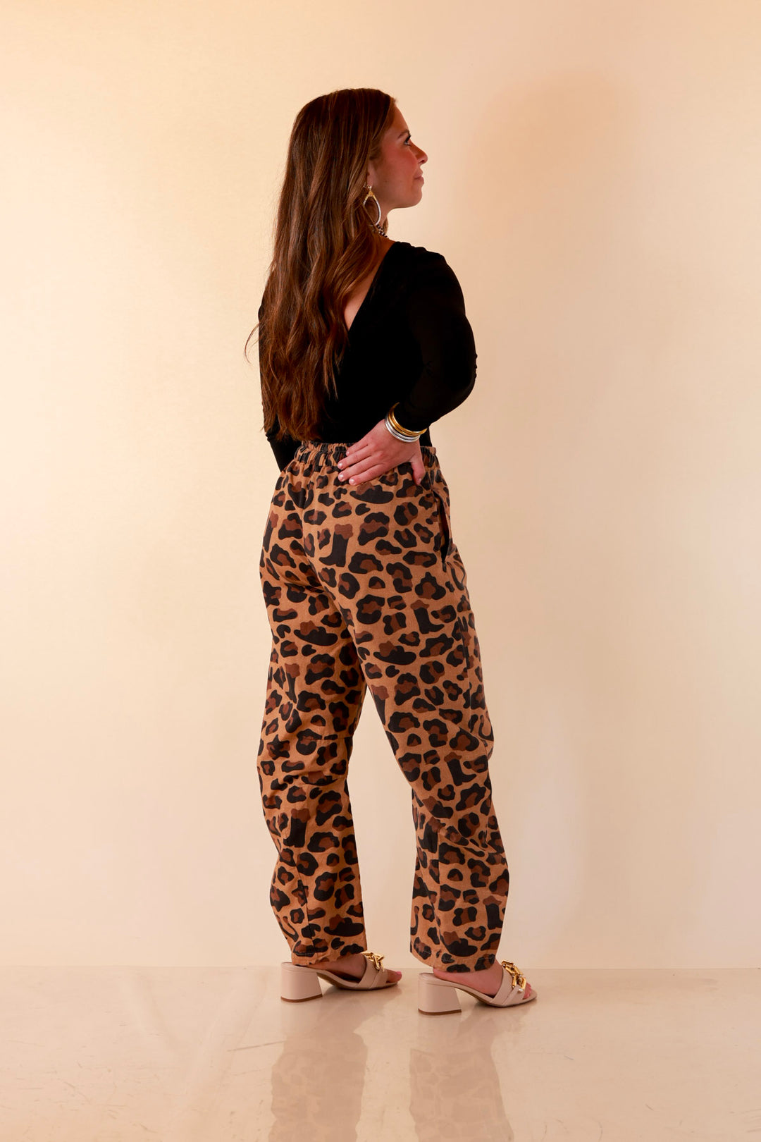Modern Drama Leopard Print Wide Leg Barrel Jeans with Elastic Drawstring Waist in Camel Brown