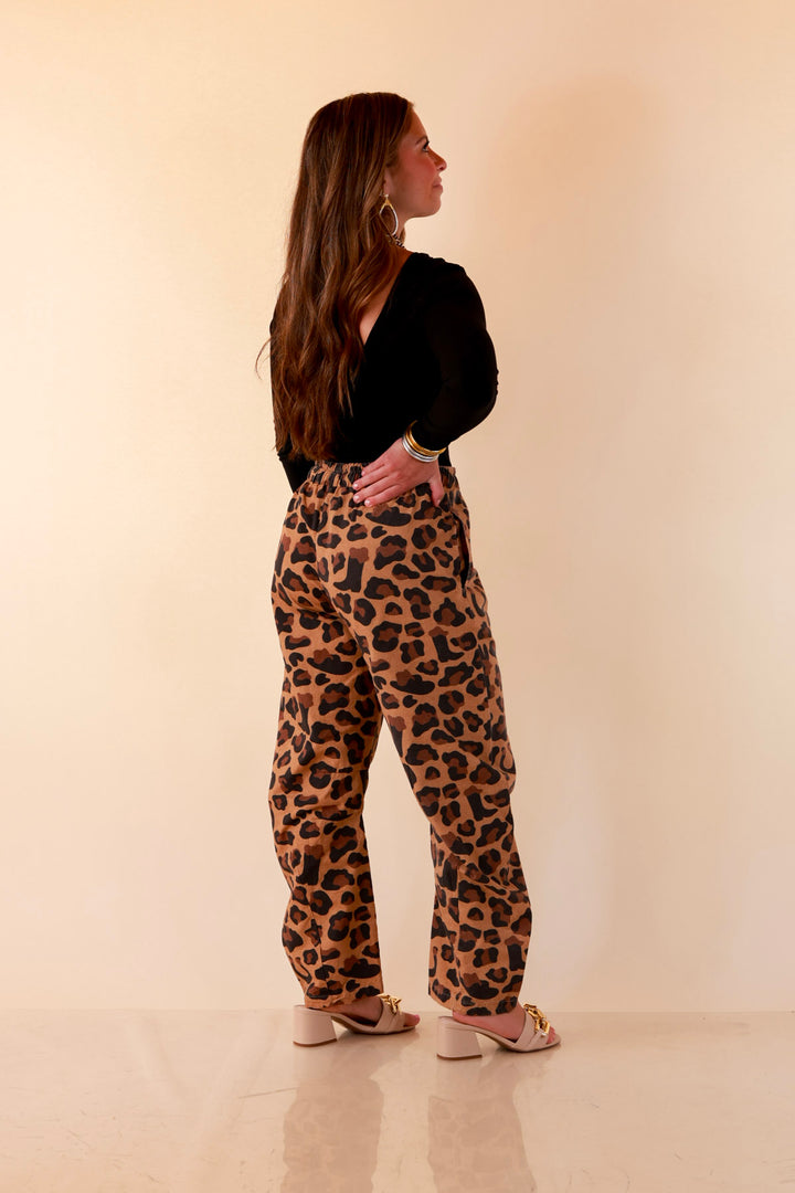 Modern Drama Leopard Print Wide Leg Barrel Jeans with Elastic Drawstring Waist in Camel Brown