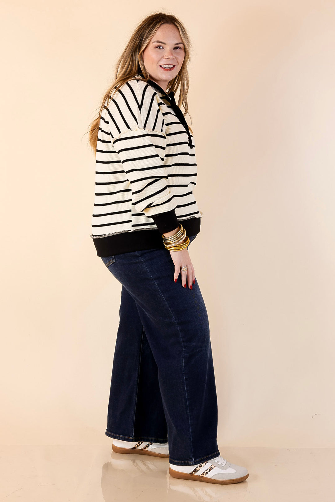 Casual Edge Long Sleeve Striped Henley Knit Top with Dropped Shoulders in Ivory with Black Stripes