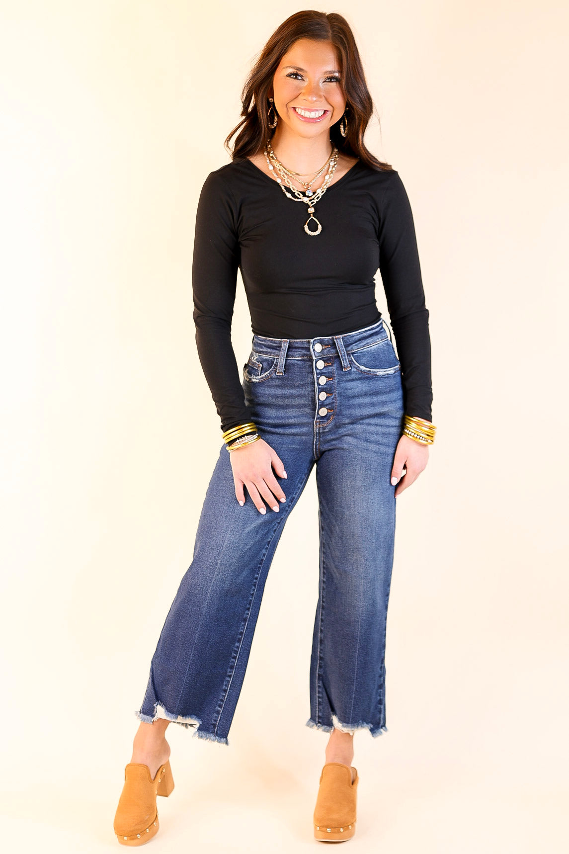 Judy Blue | Lead the Way High Waisted Button Fly Cropped Wide Leg Jean with Destroy Hem in Medium Wash